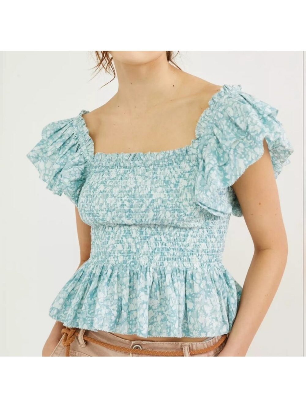 Anthropologie Love The Label Smocked Peplum Top